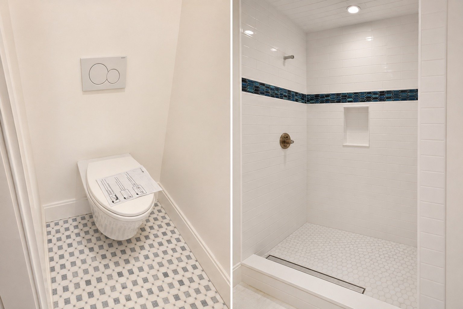 Waterproofed shower with mosaic floor tile and accent band