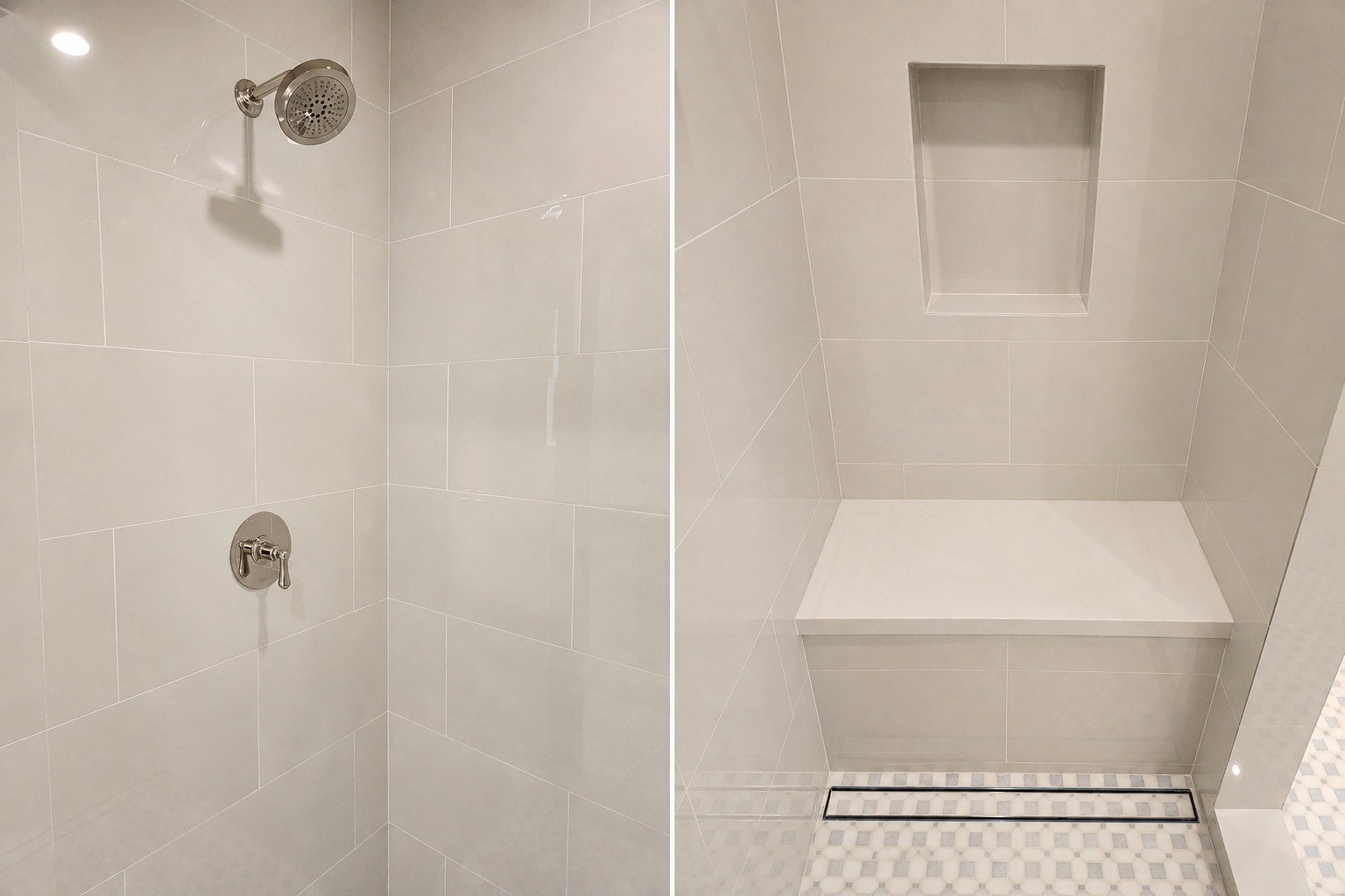 Walk-in shower with large-format tile, built-in bench and linear drain